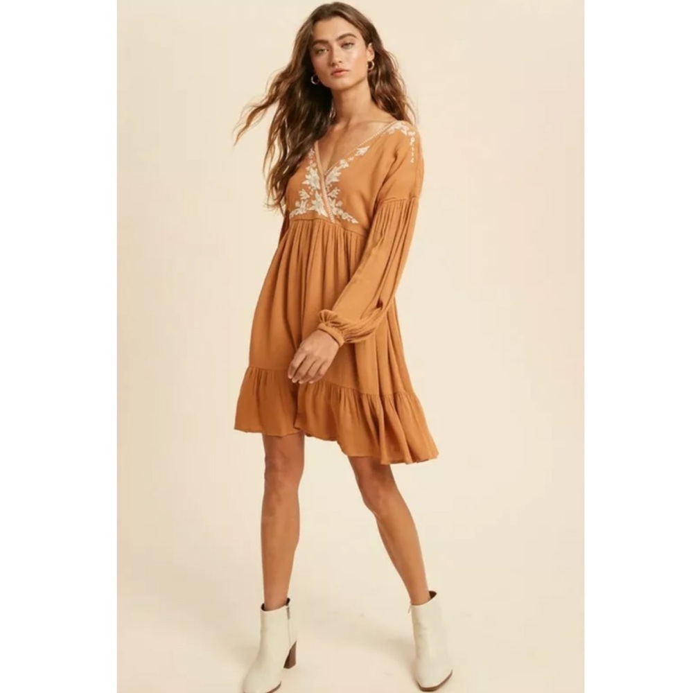 Earthen Embroidered Floral Ruffle Wrap Mini Dress - Picture 8 of 9
